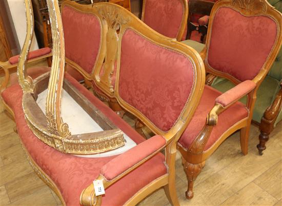 A continental carved beech three piece suite settee W.160cm